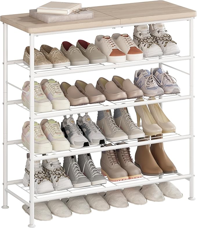 SUOERNUO Shoe Rack Organizer 5 Tier for Closet Entryway Free Standing Metal Storage Shoe Shelf with MDF Top Board，White+Oak