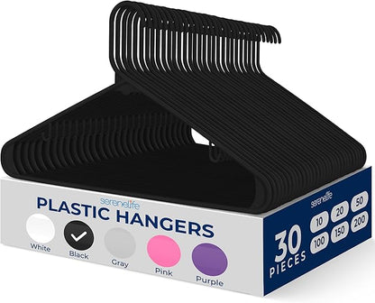 SereneLife 30 Pack Plastic Hangers, Non-Slip, Space-Saving Closet Organizers, Durable and Strong for Shirts, Sweaters, Hoodies, Kids Clothes & Dresses, Ultra-Thin, Lightweight