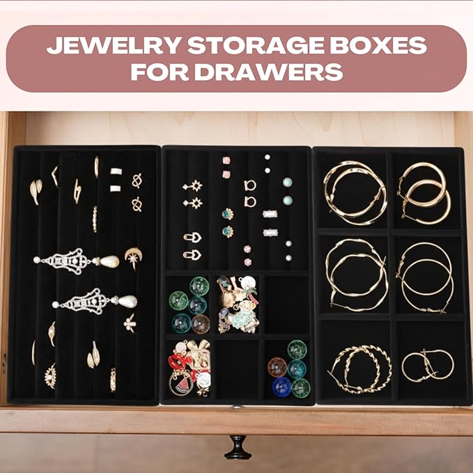 Landical 16 Pcs Stackable Jewelry Organizer for Drawer Velvet Jewelry Tray with Dividers Earring Holder & Ring Display Box Fits 8.4 x 5 x 1 Drawer Necklace Storage for Women, Girls,16 Styles (Black)