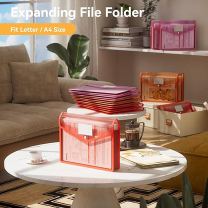 ABC life 6-Pack Plastic Expanding File Folders, Translucent Plastic Envelopes with Snap Closure, Large Capacity, Paper Storage Fits Letter/A4 Size - Warm Pink