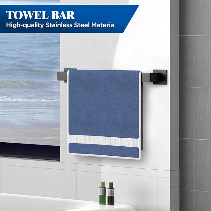 7-Pieces Matte Black Bathroom Hardware Accessories Set, SUS304 Stainless Steel, 16 Inch Bath Towel Bar Set, Towel Holder, Towel Racks for Bathroom Wall Mounted
