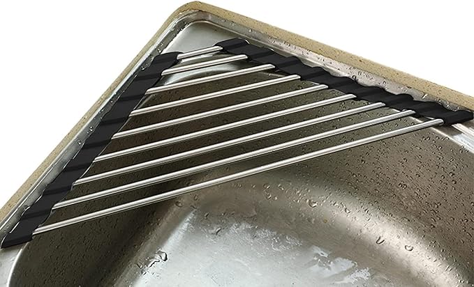 Roll Up Dish Drying Rack and Triangle Dish Drying Rack for Sink,over the Sink Dish Drying Rack , Kitchen Corner Dishes Drainer Mat, Foldable Stainless Steel Corner Sink Rack for Kitchen (Triangle)