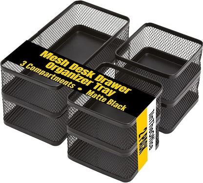 1InTheOffice Mesh Collection Desk Drawer Organizer Tray 3 Compartment - Stackable, Matte Black (2pack)