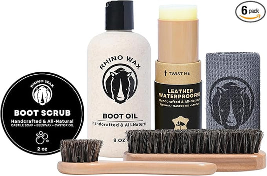 Leather Boot Care Kit - Made in USA (Not China) - Boot Oil, Waterproofer, Cleaning Scrub for Boots (Like Saddle Soap), Brushes and Cloth - Do NOT use Mink Oil (Love Animals) - All Natural Ingredients