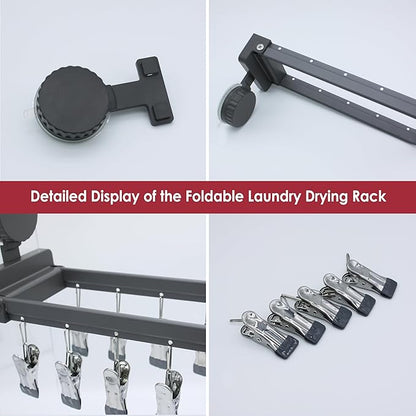 Foldable Laundry Drying Rack with 15 Clips, Wall Mount Suction Cup Hanger for Socks Undergarments Towels, Space Saving Clothes Organizer, Dark Grey