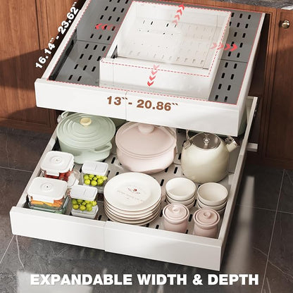 1 Pack Pull Out Cabinet Organizer Expandable Width(13"-21") and Depth(17"-24"), Slide Out Drawers With Raising Pad for Framed Cabinets, No Drill Roll Out Shelves for kitchen, Bathroom, White