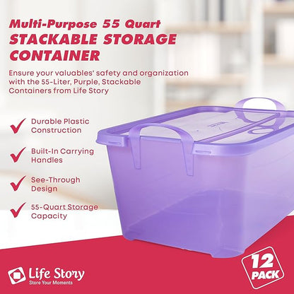 Life Story 12 Pack Light Duty Stackable Storage Bin, 55 Quart Home Organizer, Versatile Lightweight Locking Bins with Carrying Handles, Purple