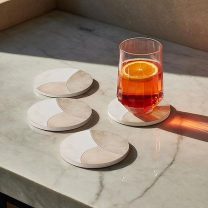 VEYRO Ceramic Coasters Set of 4 – Absorbent Stone Drink Coasters with Holder, Non-Slip Cork Backing, Modern Marble Look Coasters for Coffee Table, Desk & Home Decor