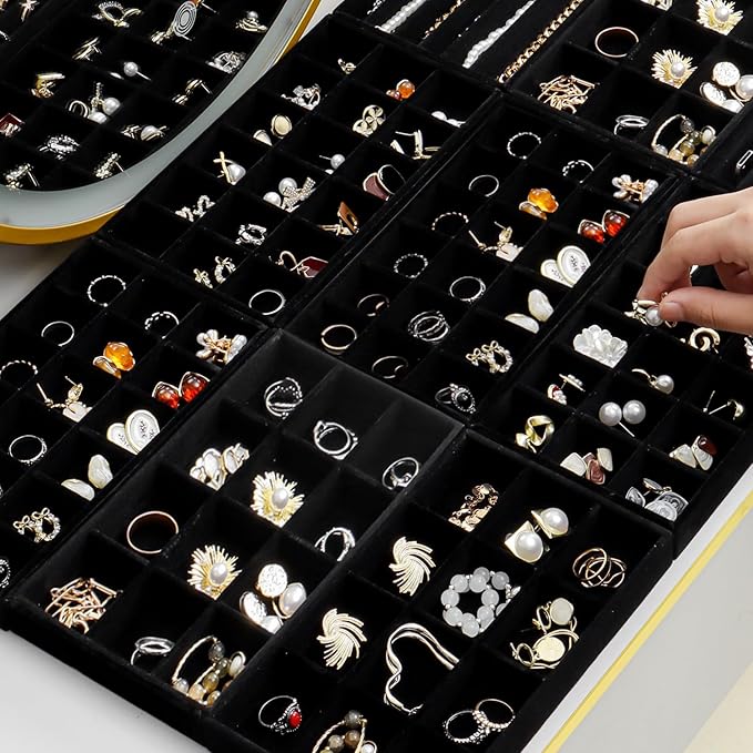 SPAKOWN Jewelry Organizer for Drawer Set of 9, Velvet Jewelry Tray Stackable Jewelry Organizer Display Trays Divided Earring Storage Containers (Black)