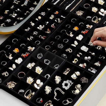 SPAKOWN Jewelry Organizer for Drawer Set of 9, Velvet Jewelry Tray Stackable Jewelry Organizer Display Trays Divided Earring Storage Containers (Black)