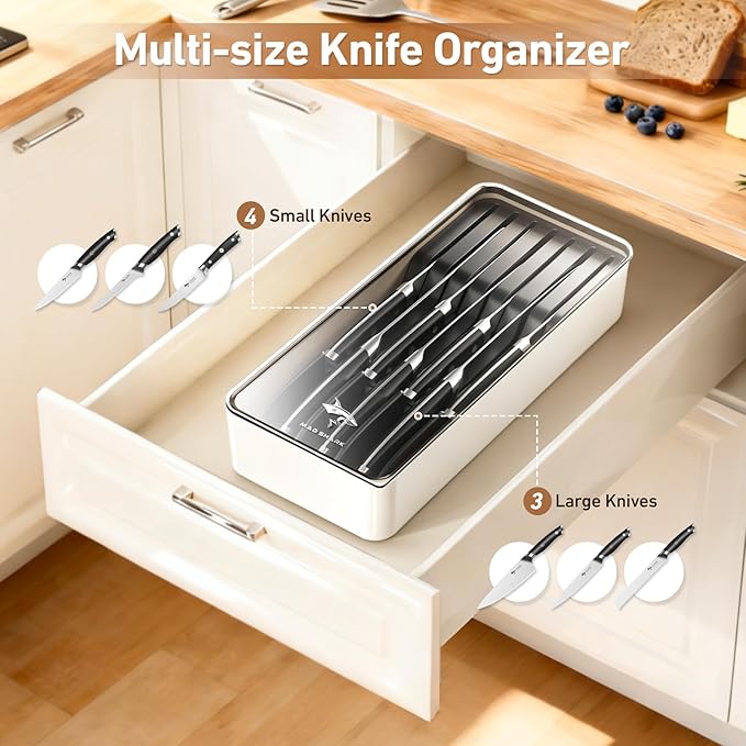 MAD SHARK 2-in-1 Detachable Knife Block & Silverware Organizer, Drawer Knife Holder for 7 Knives, BPA-Free, Blade-Safe Slots, Save Counter Space, Kitchen Drawer or Counter Storage, No Knives