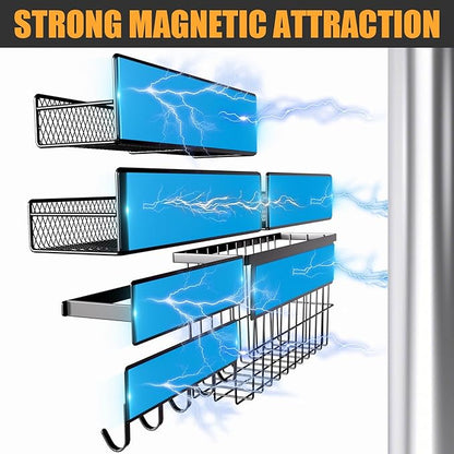 6 Pack Magnetic Shelves for Washing Machine, Magnetic Spice Rack Organizer for Refrigerator, Magnetic Shelf with Hanger Organizer, Metal Magnetic Basket, Laundry Organization and Storage, Black