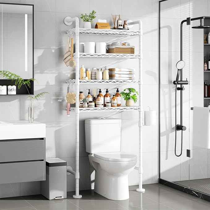 Roxibelt K3 Wall Mounted 4-Tier Over the Toilet Storage，Metal Above Toilet Storage with Paper Hook，Over Toilet Bathroom Organizer with Adjustable Shelf，Above Toilet Rack 9.7"D x 25.6"W x 74.3"H，White