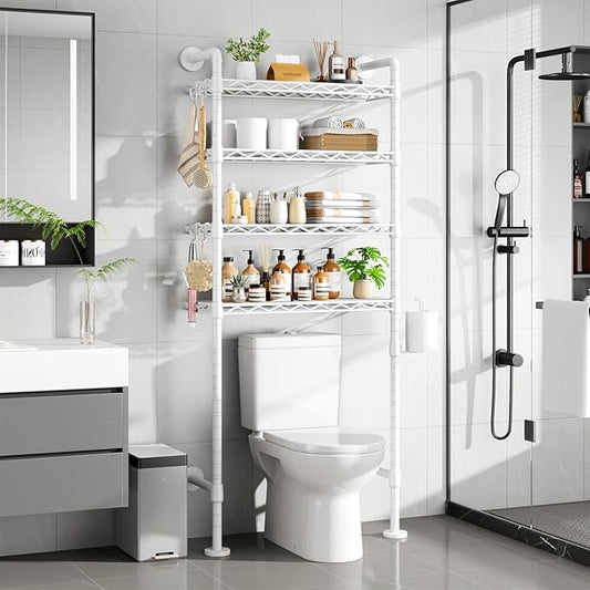 Roxibelt K3 Wall Mounted 4-Tier Over the Toilet Storage，Metal Above Toilet Storage with Paper Hook，Over Toilet Bathroom Organizer with Adjustable Shelf，Above Toilet Rack 9.7"D x 25.6"W x 74.3"H，White