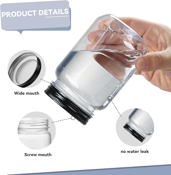 novelinks 16 oz Clear Plastic Jars with Lids, Refillable 16oz Mason Jars with Lids & Storage Containers for Kitchen & Household Use (24 Pack,Black)