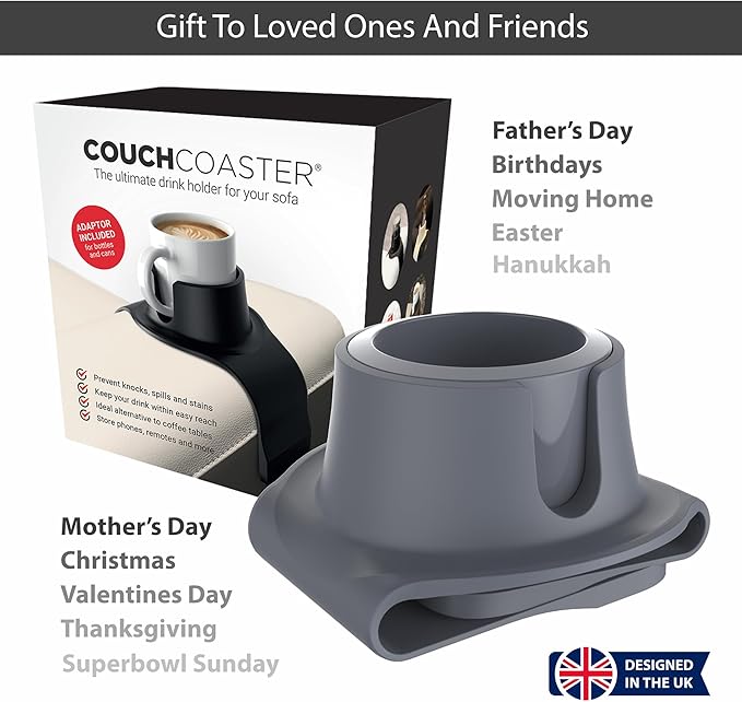 HIT PRODUCTS CouchCoaster® - Original & Patented Armrest Couch Cup Holder, Steel Grey - A Weighted, Silicone, Anti Slip Coaster Stops Spills On Your Sofa, Armchair Or Recliner & Keeps Drinks in Reach