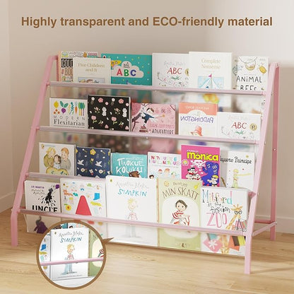High-Transparent 4 Tier Kids Bookshelf, Sturdy Metal Large Size Book Rack Storage for Kid - Toddler Book Shelf Display for Nurasery, Playroom or Kids Room, Bookshelf Hold More Books - Pink