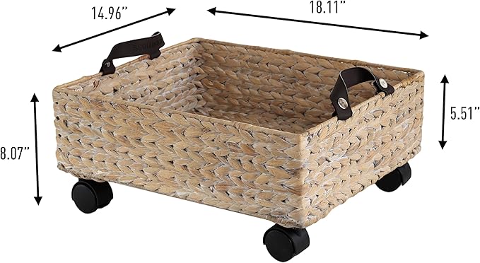 happimess BSK2014C Adaline 18.11" Classic Farmhouse Handwoven Hyacinth Rectangular Underbed Storage Bin with Wheels and Handles for Storage and Decoration in Bathroom, Bedroom, Closet, White Wash