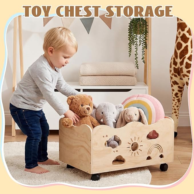 Toy Box for Kids 24" x 14.4" x 10.4" Toy Chest for Girls Boy Wooden Storage Trunk Mobile Wood Bookshelf with Rainbow Pattern for Kids Rooms, Closet, Classroom, Bedroom, Nursery