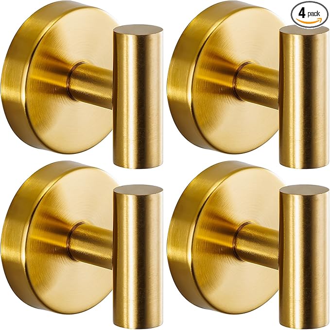 Fenas Suction Cup Hooks for Shower - Bathroom Reusable Hooks for Towels, Robes & Loofah - No-Drill Mounting on Kitchen,Walls,Metal,Glass,Mirrors,Tile & Smooth Non-Porous Surfaces (4, Brushed Gold)