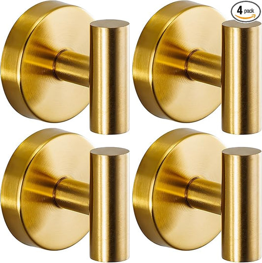 Fenas Suction Cup Hooks for Shower - Bathroom Reusable Hooks for Towels, Robes & Loofah - No-Drill Mounting on Kitchen,Walls,Metal,Glass,Mirrors,Tile & Smooth Non-Porous Surfaces (4, Brushed Gold)