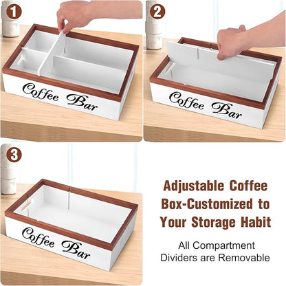 Wooden Coffee Organizer Holder with Divided Sections & Cutout Handle, Farmhouse Coffee Bar Organizer for Pods, Cups, Lids, Syrups, Stirrers & Accessories – Ideal Gift for Home or Office-White