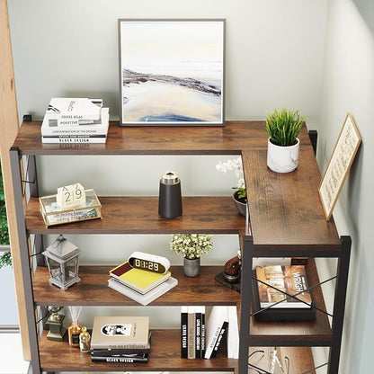 5-Shelf Corner Bookshelf, Vintage Industrial L-Shaped Bookshelf Etagere Bookcase, Large Book Shelf with Metal Frame Open Storage Corner Cabinet (Retro Brown-5 Shelf)