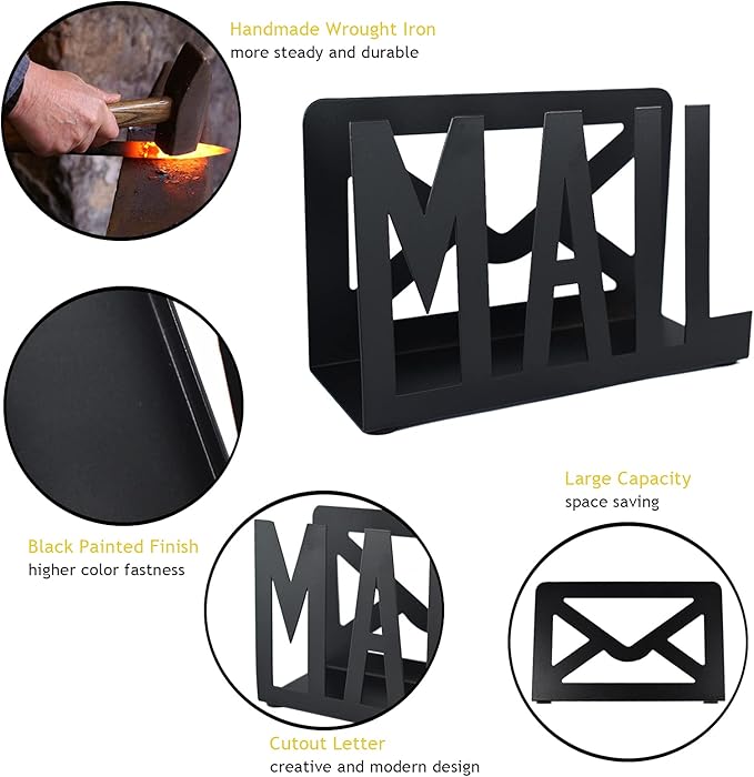 Desktop Letter Holder, Two-Sided Designs Black Metal Desktop Cutout Mail Letter Holder, Letter Sorter Envelope Holder for Home Office School, Bill Filling Paper Document