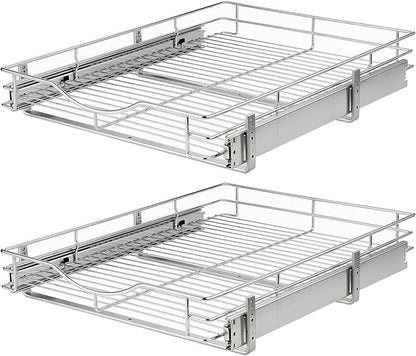 DINDON Pull Out Cabinet Organizer, (11" W x 18" D) Heavy-Duty Metal Sliding Drawer Shelf, Bathroom Under Sink Kitchen Cabinets Organizer and Storage Slide Out Shelves, Chrome, 1 Tier, 2 Pack