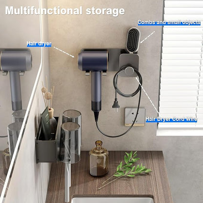 Voldra Hair Dryer Holder Wall Mounted, Self-Adhesive Blow Dryer Organizer Hair Brush Holder Wall Mount with Plug&Cord Organizer for Bathroom 1 Pack(Gray)