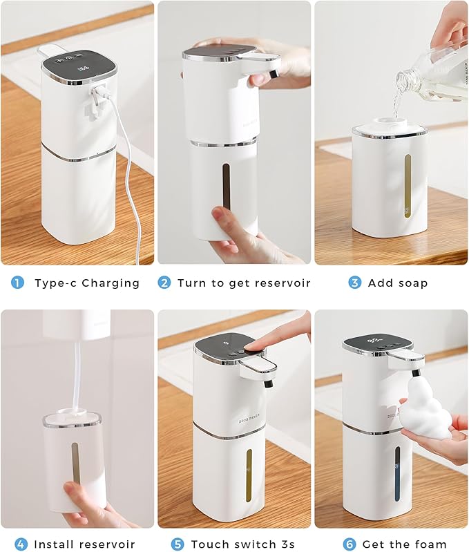 DODO MEKIA Automatic Foaming Soap Dispenser, 13.5oz/400mL, USB Rechargeable, 9-Adjustable Foam Levels, IPX5 Waterproof, Touchless & Wall/Tabletop Use for Kitchen Bathroom, White