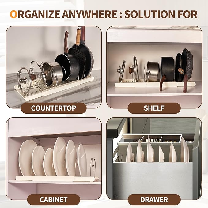 YLMIJFE Stainless Steel Adjustable Dividers Pot and Pan Organizer Rack, Expandable 12'-23.2' Wide, White, 7 Shelves, Kitchen Cabinet Organizer