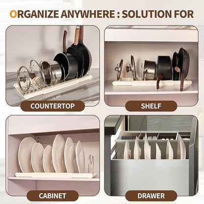 YLMIJFE Stainless Steel Adjustable Dividers Pot and Pan Organizer Rack, Expandable 12'-23.2' Wide, White, 7 Shelves, Kitchen Cabinet Organizer