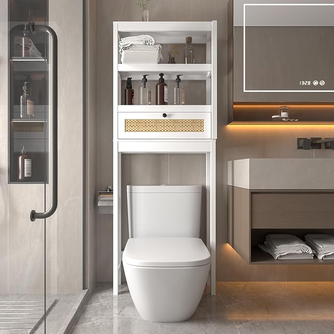 GORZING Over The Toilet Storage Cabinet, 3-Tier Bathroom Organizer with Rattan Door, Wooden Space Saver for Restroom, Bathroom, Laundry