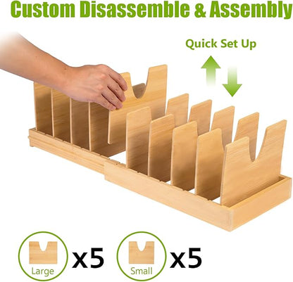VKDDM Pots and Pans Organizer for under Cabinet - Expandable Bamboo Pot Lid Organizer, Bakeware and Cutting Board Organizers, Drawer Pot Lid Holder Rack for Kitchen Organizers and Storage