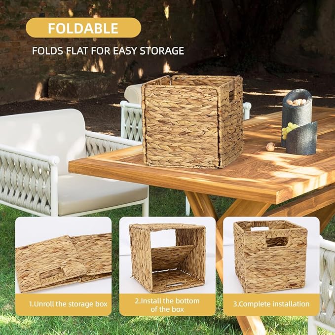 4 Pack 9in Wicker Storage Cubes, Water Hyacinth Baskets, Foldable Wicker Baskets, Storage Basket with Built-in Handles, Handwoven Natural Basket for Shelves, Outdoor