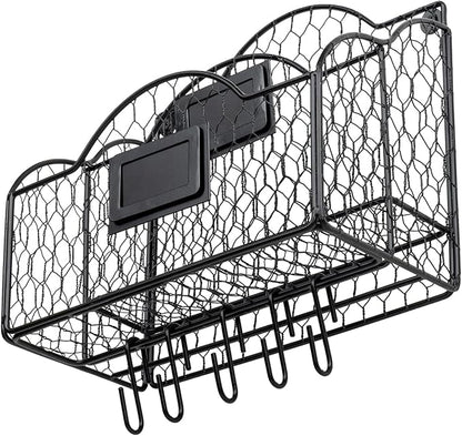MyGift 2 Compartment Mail Inbox/Outbox Sorter, Wall Mounted Modern Black Metal Wire Entryway Organizer Basket for Mails, Bills and Office Supplies with Chalkboard Labels and 5 Hanging Key Hooks