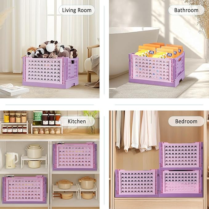 Stackable Plastic Closet Storage Basket, 2 Pack Foldable Closet Organizers and Storage Bins, Decorative Basket for Closet, Shelves, Laundry, Wardrobe Organizing (Pink Purple)