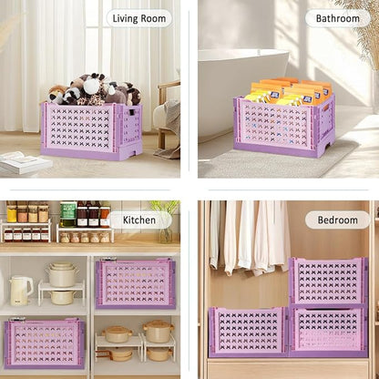 Stackable Plastic Closet Storage Basket, 2 Pack Foldable Closet Organizers and Storage Bins, Decorative Basket for Closet, Shelves, Laundry, Wardrobe Organizing (Pink Purple)