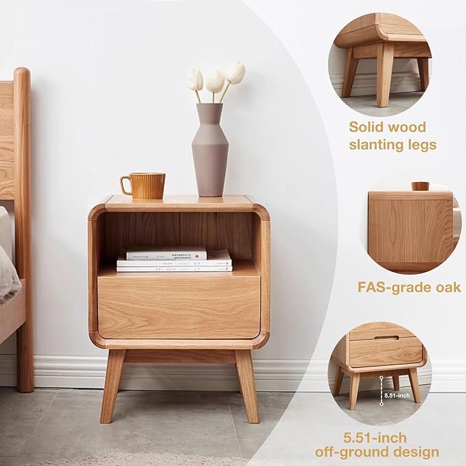 Vadisun 100% Solid Wood Nightstand Set of 2, Small Night Stand with Drawer and Open Shelf, Natural Wood Nightstand, Mid Century Modern Night Stand, Wooden Bedside Table for Bedroom(20.47" H)