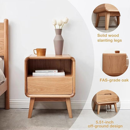 Vadisun 100% Solid Wood Nightstand Set of 2, Small Night Stand with Drawer and Open Shelf, Natural Wood Nightstand, Mid Century Modern Night Stand, Wooden Bedside Table for Bedroom(20.47" H)