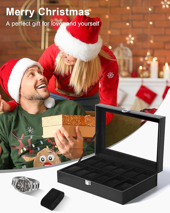 Uten Watch Boxes 12 Slots, Watch Box for Men, Watch Display Case, Watch Storage Box with Removable Cushion, Metal Clasp, PU Leather, Black