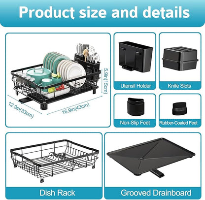 Ricobes Dish Drying Rack - Space Saving Dish Rack - Dish Racks for Kitchen Counter with Drainboard,Rustproof Dish Drainer with Removable Utensil Holder,Black
