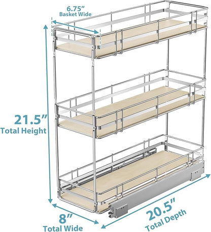Pull Out Spice Rack Cabinet Organizer 8" W x 20½" D, 3 Tier Heavy Duty Slide Out Wood Shelf for Narrow Cabinet, Pull Out Storage for Kitchen