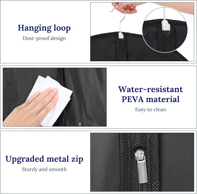 Garment Bags Suit Bags 24 x 47 Inch Garment for Hanging Clothes, Black Cover with Clear Window for Closet Storage（5 Packs）