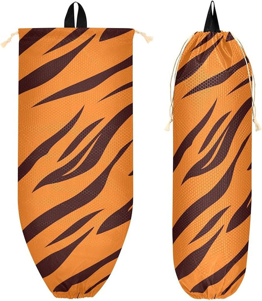 1 PC Plastic Bag Holder Wall Mount Grocery Bag Holder Shopping Bag Trash Bag Storage Organizer Dispenser for Kitchen Closet 22 x 9 Inch Tiger Skin Print