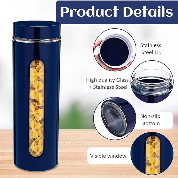 Mimorou 6 Pack Kitchen Canisters Set Airtight Coffee Sugar Tea Storage Jars with Window Glass Stainless Steel Containers with Lids for Flour Cookies Spices Grains Kitchen Decorations(Navy Blue,60 oz)