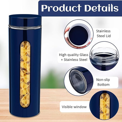 Mimorou 6 Pack Kitchen Canisters Set Airtight Coffee Sugar Tea Storage Jars with Window Glass Stainless Steel Containers with Lids for Flour Cookies Spices Grains Kitchen Decorations(Navy Blue,60 oz)