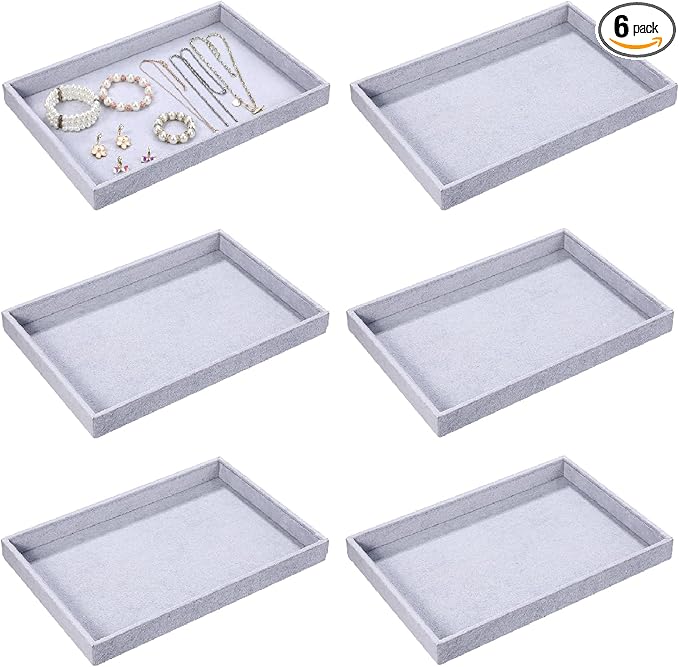 Quelay Velvet Stackable Jewelry Tray Showcase Display, Jewelry Organizer Tray Bracelet Ring Earring Necklace Organizer Empty Plate for Drawers Countertop (Grey,6 Pcs)