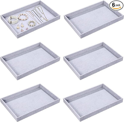 Quelay Velvet Stackable Jewelry Tray Showcase Display, Jewelry Organizer Tray Bracelet Ring Earring Necklace Organizer Empty Plate for Drawers Countertop (Grey,6 Pcs)